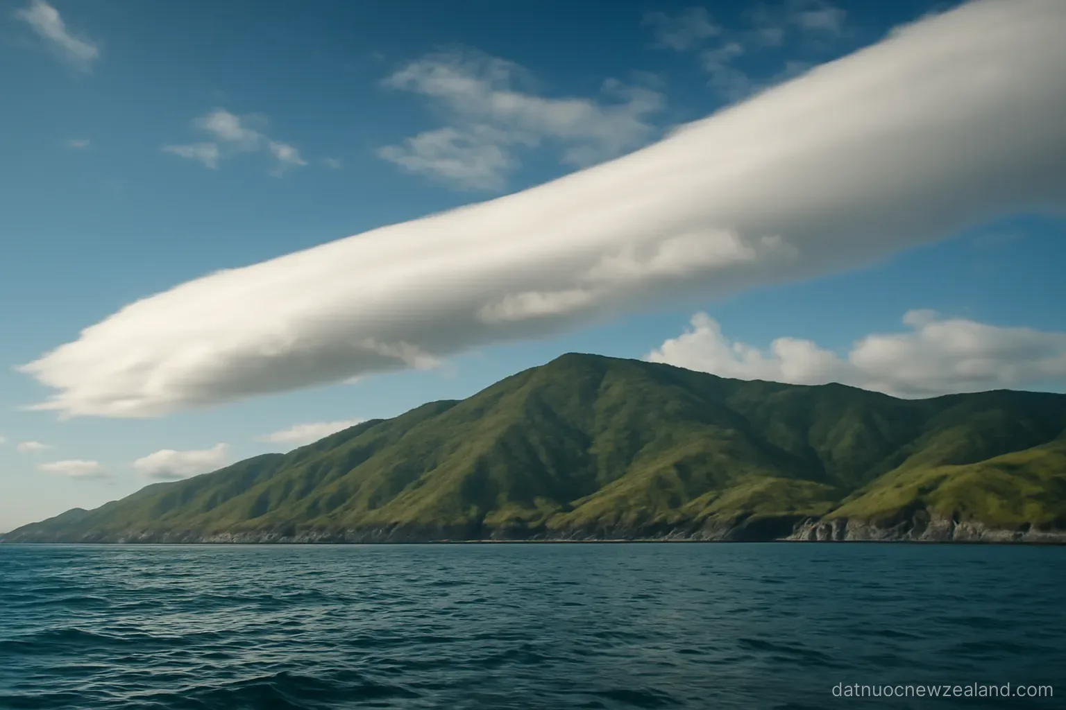 Long white clouds stretching over a green coastal range seen from the sea, no readable text