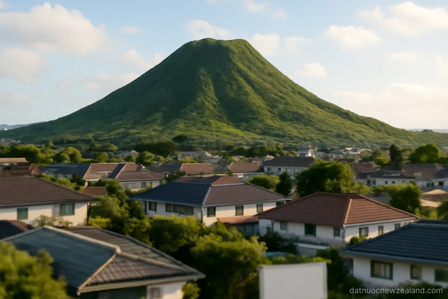 A green volcanic cone rising inside a residential city with houses around its base, no readable text