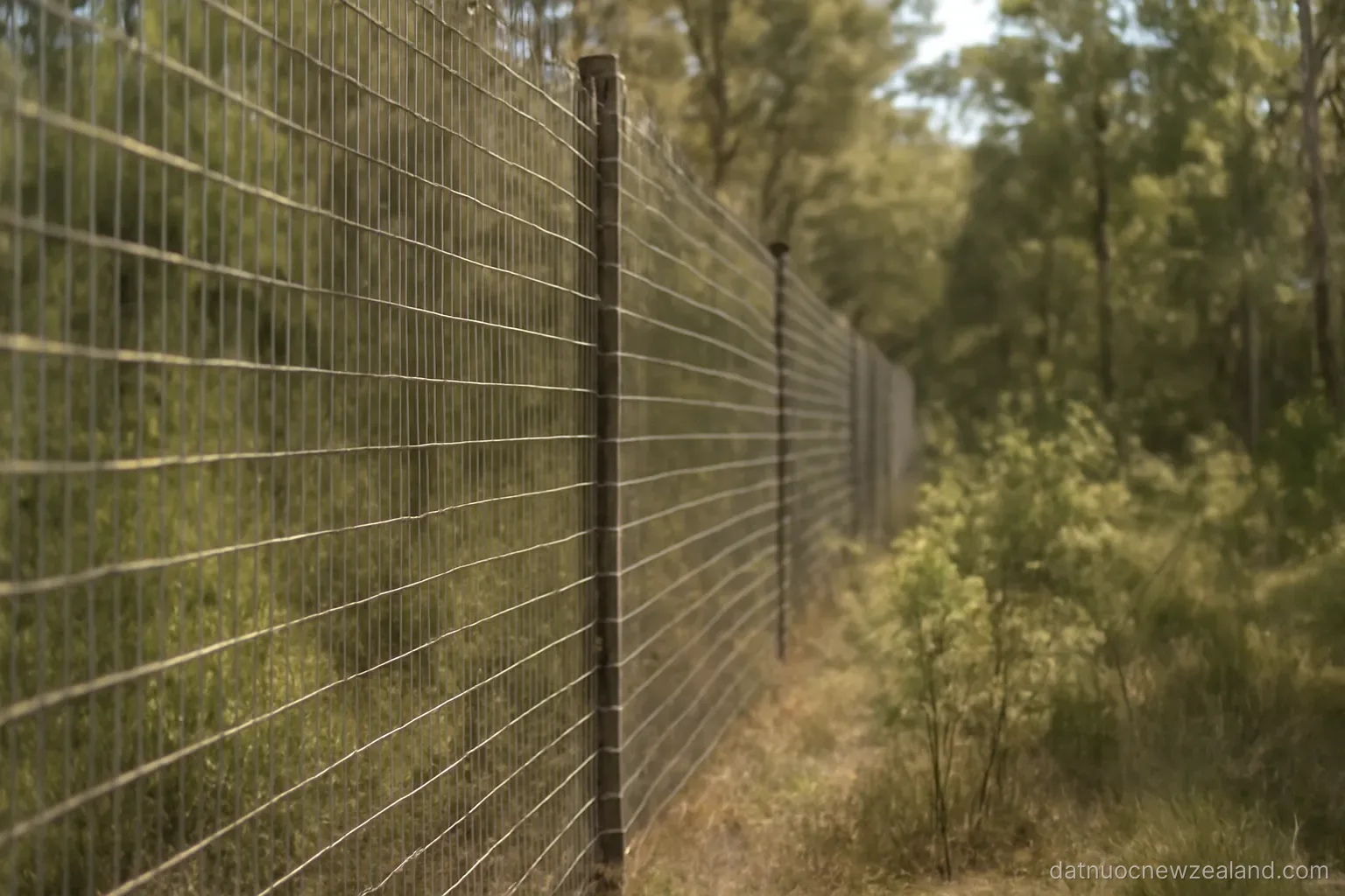 A tall fine-mesh conservation fence running through regenerating bush, no readable text