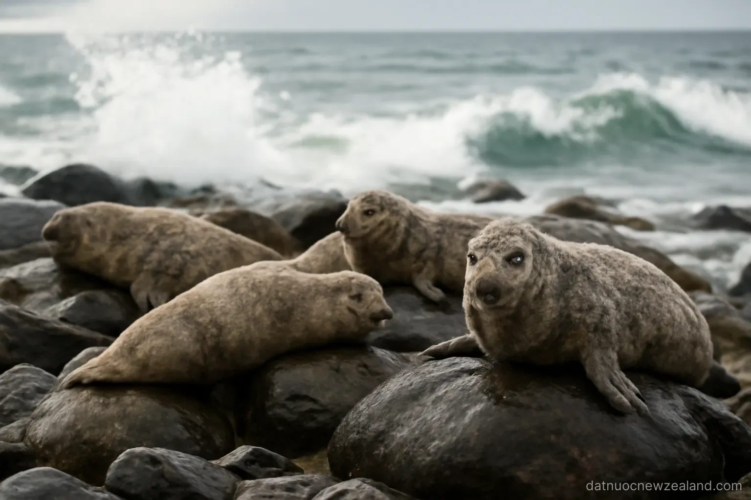A rocky shoreline with seals resting on wet boulders and waves breaking behind, no readable text