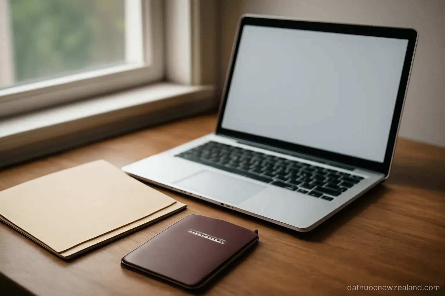 A desk with a passport, folder of documents and a laptop, natural window light, no readable text