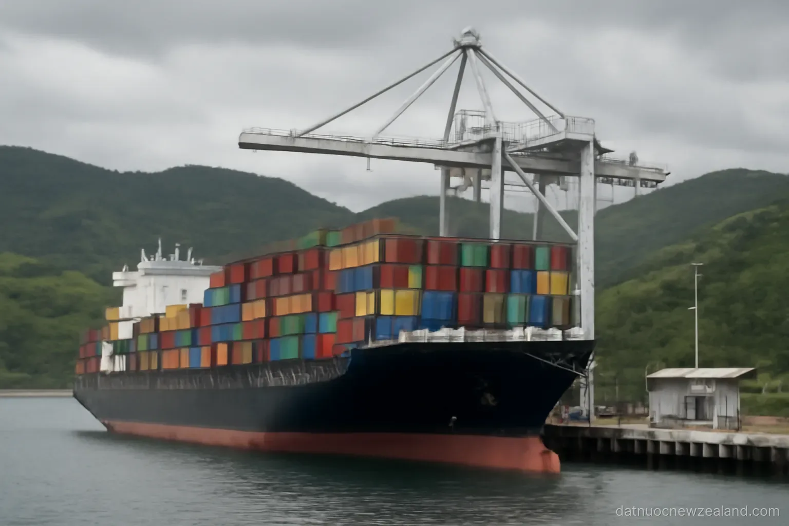 A container ship loading at a small port with green hills behind, overcast day, no readable text