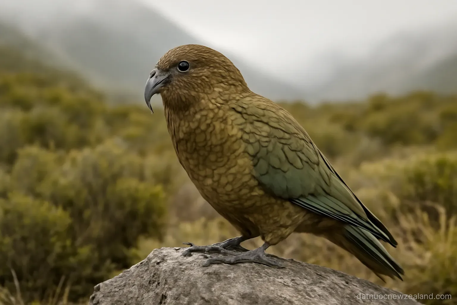 A mountain parrot perched on a rock with alpine scrub behind, overcast light, no readable text