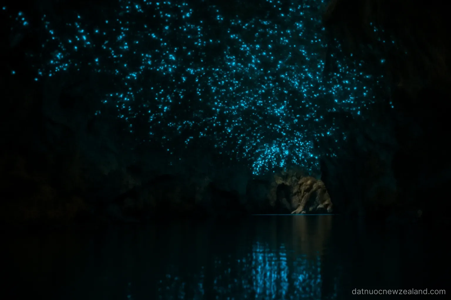 A cave ceiling covered with tiny blue-green points of light above dark water, no readable text