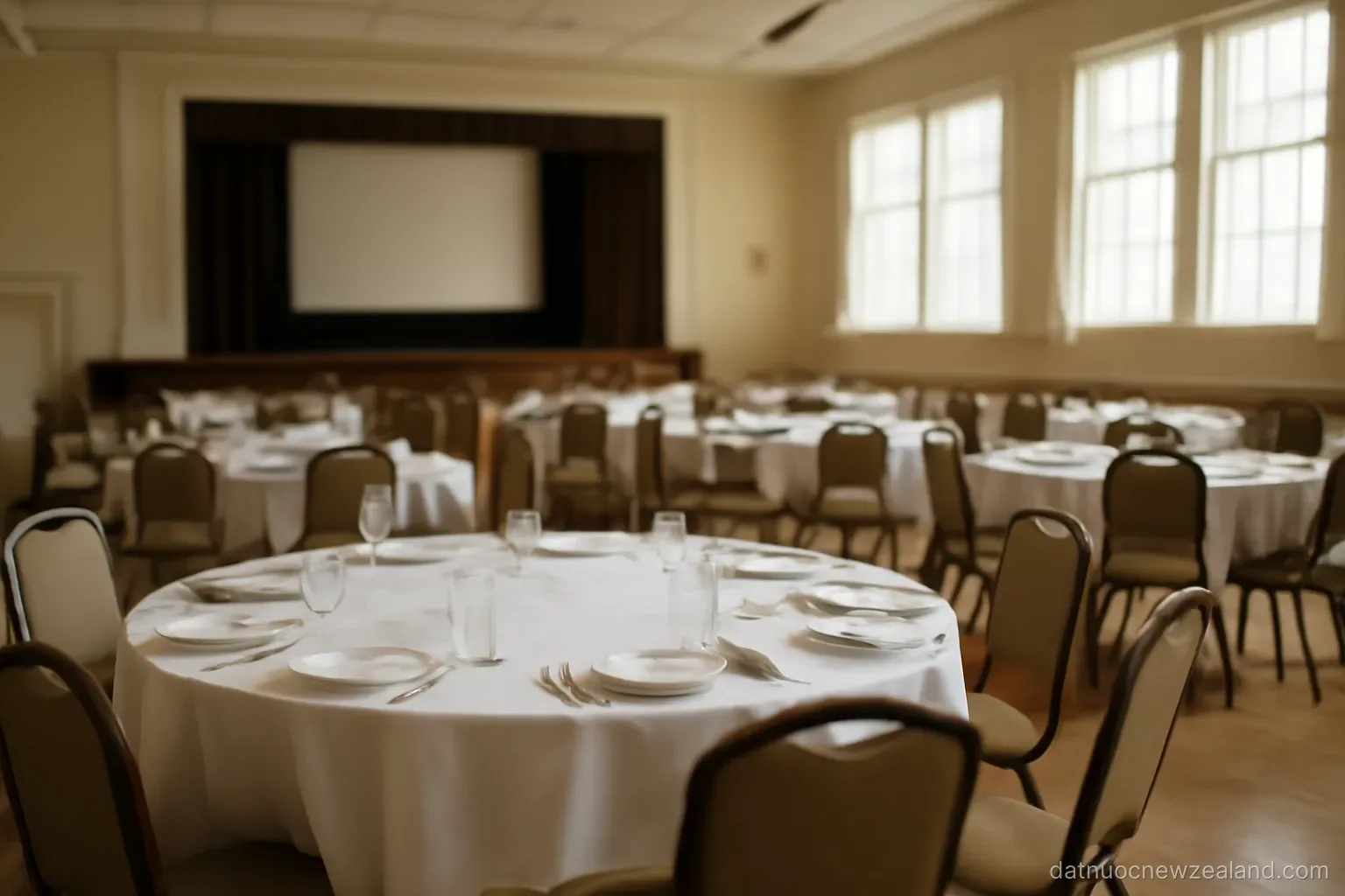 A community hall with round tables set for a gathering and a small stage, no readable text