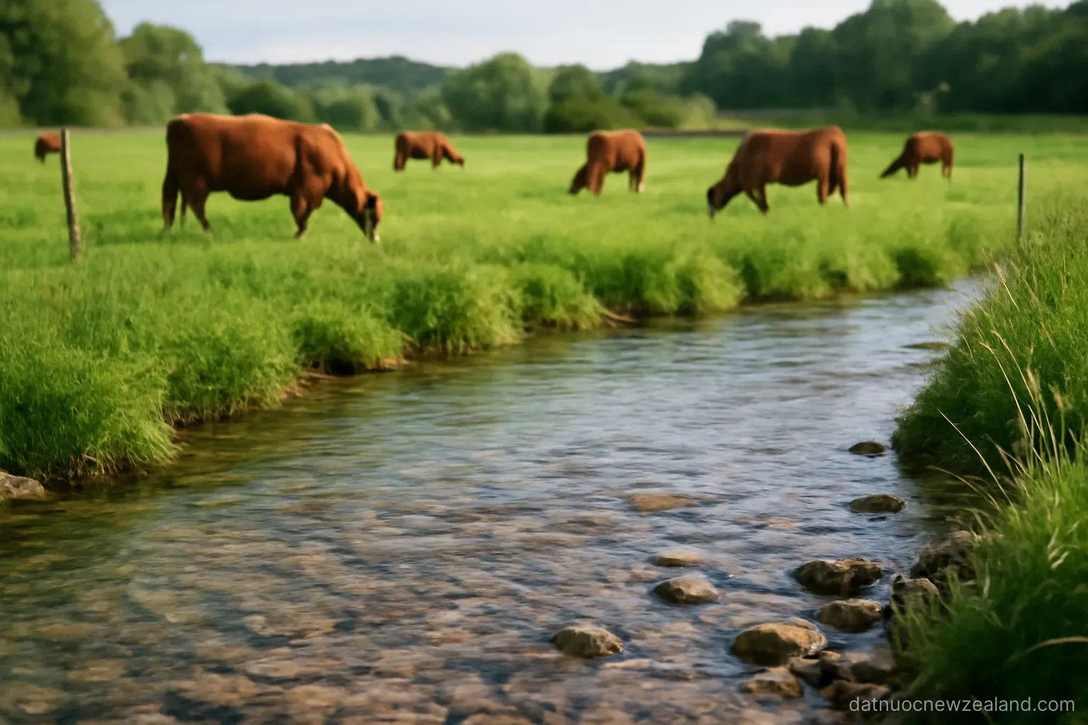 A clear shallow stream running through farmland with cattle grazing on the far bank, no readable text