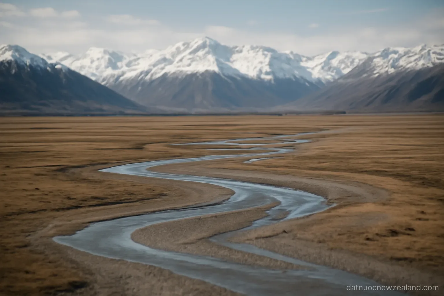 A braided river winding across a wide dry plain with snowy mountains behind, no readable text