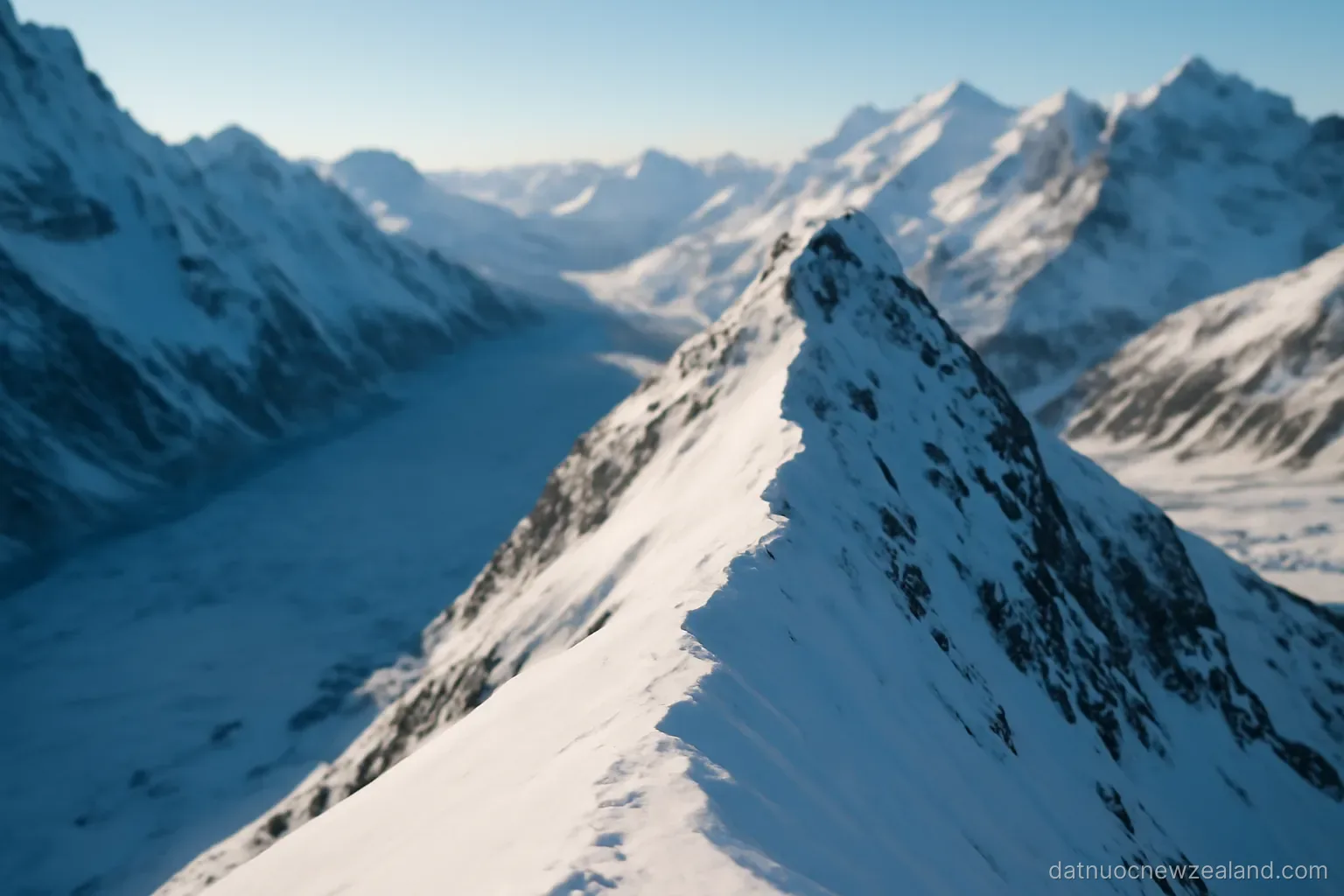 A sharp snow-covered mountain ridge above a glacial valley in clear morning light, no readable text