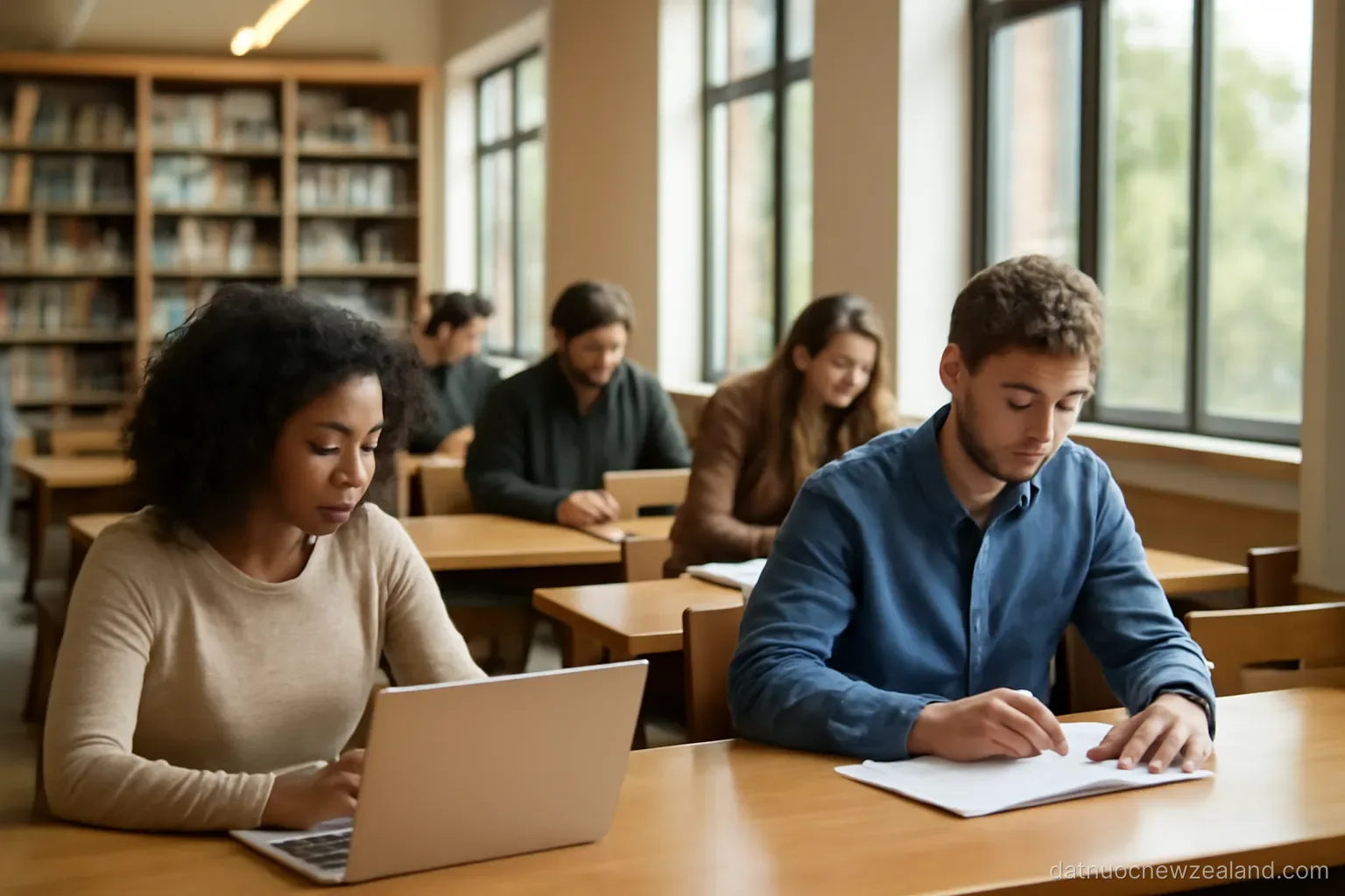 A university library reading area with students at long tables beside tall windows, no readable text