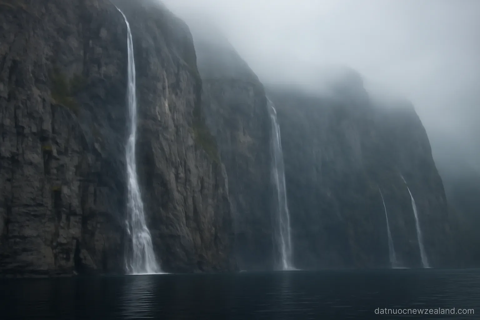 Sheer cliffs dropping into dark still water with waterfalls streaking down, misty air, no readable text