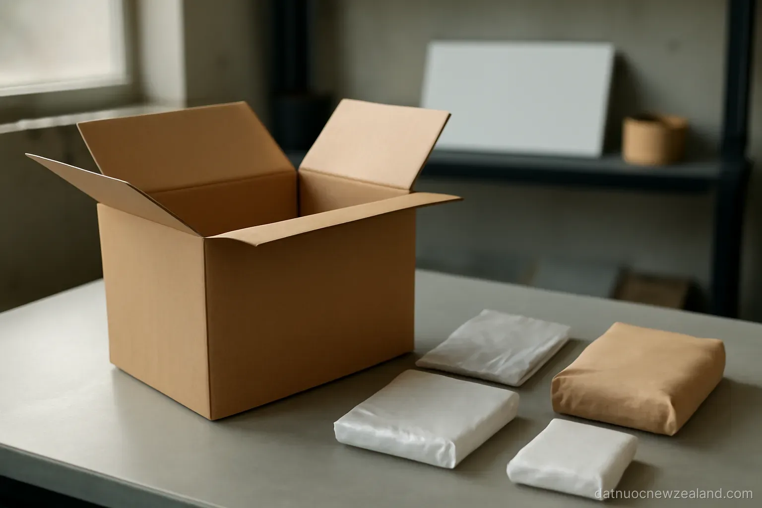 A cardboard parcel opened on an inspection bench with packaged goods beside it, no readable text