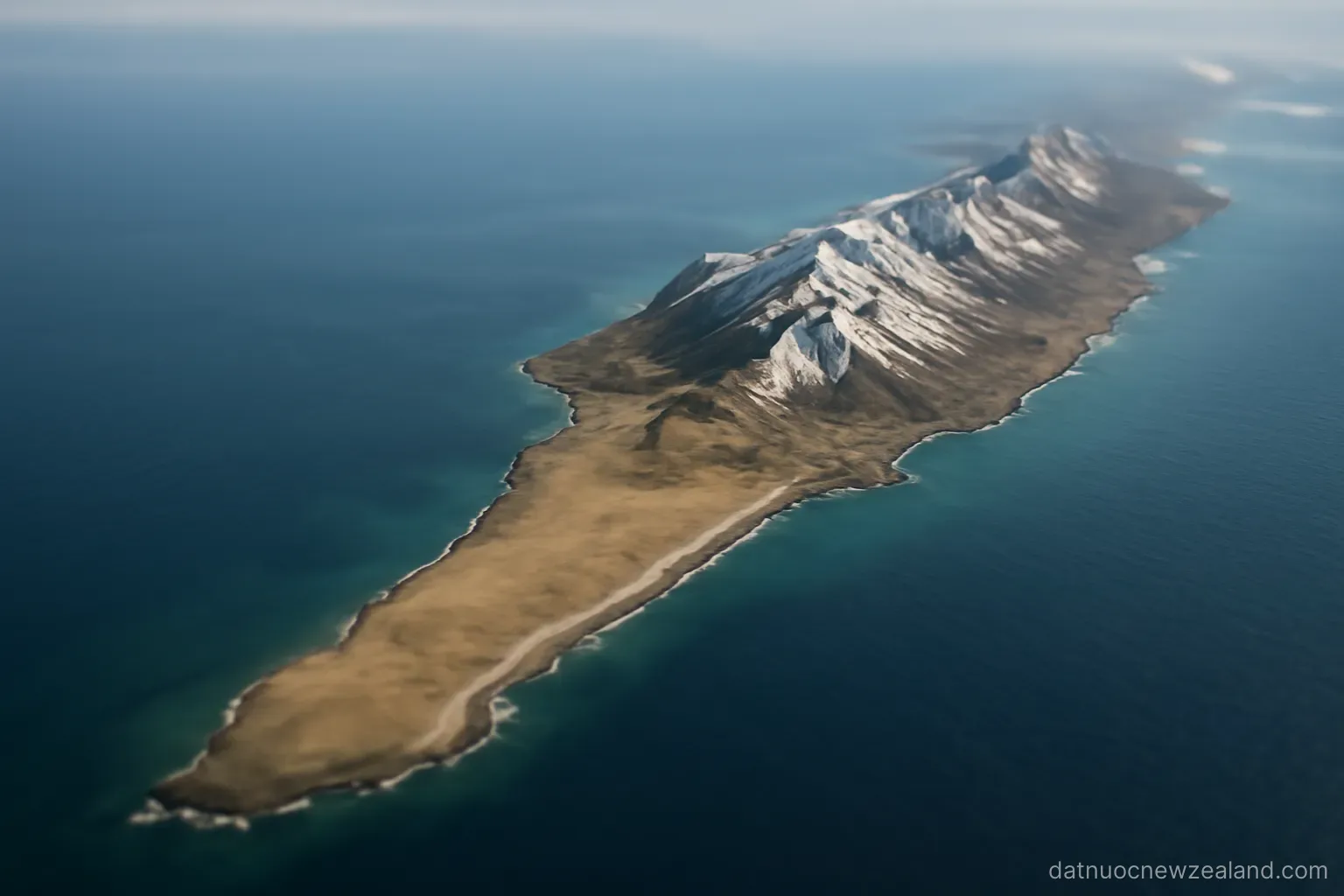 A satellite-like aerial of a long narrow landmass with snowy peaks along one side, no readable text