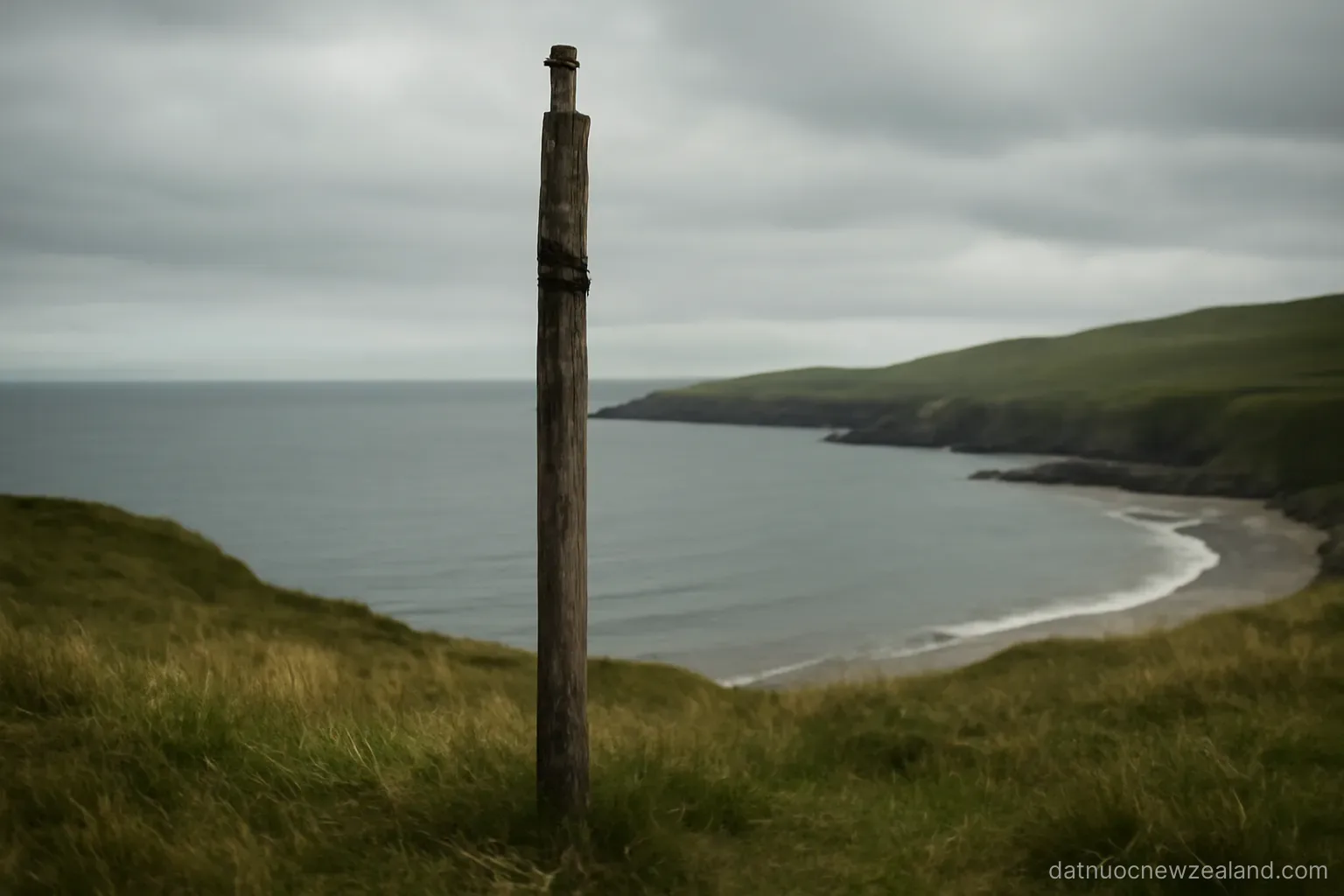 An old wooden flagstaff on a grassy headland above a bay, overcast morning, no readable text