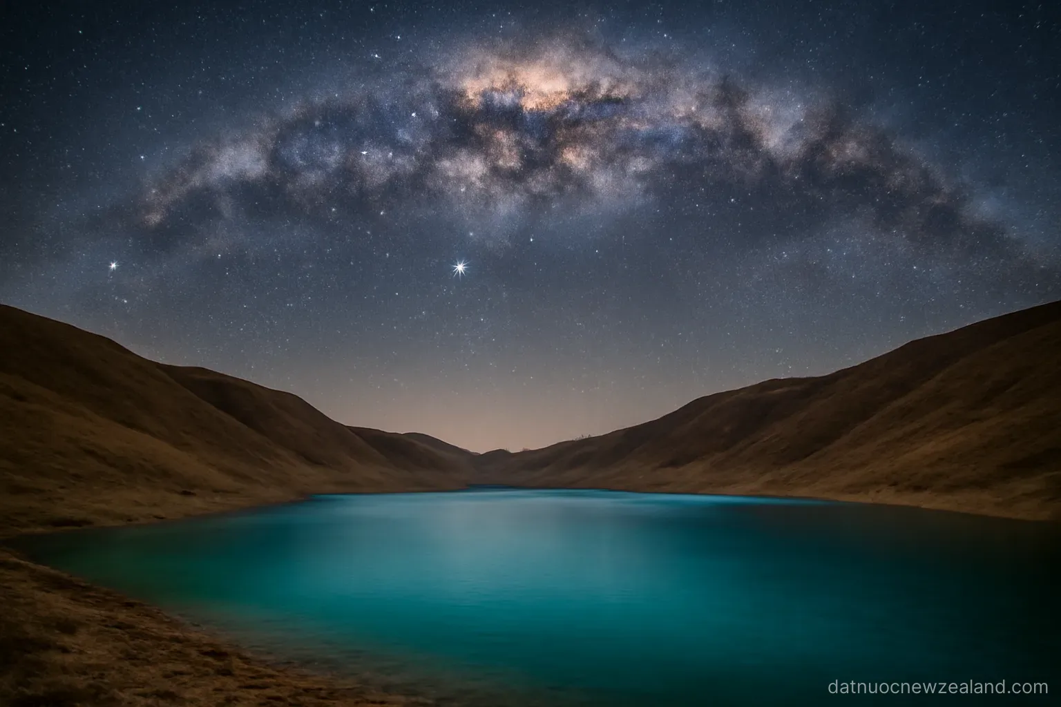 A turquoise lake below bare hills with the Milky Way arching overhead at night, no readable text