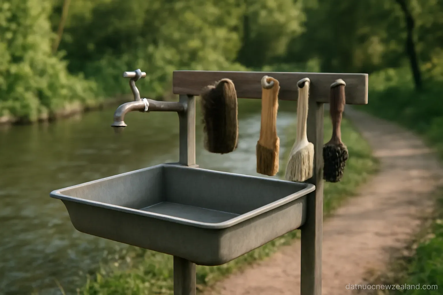 A cleaning station beside a river track with brushes and a water tap, no readable text