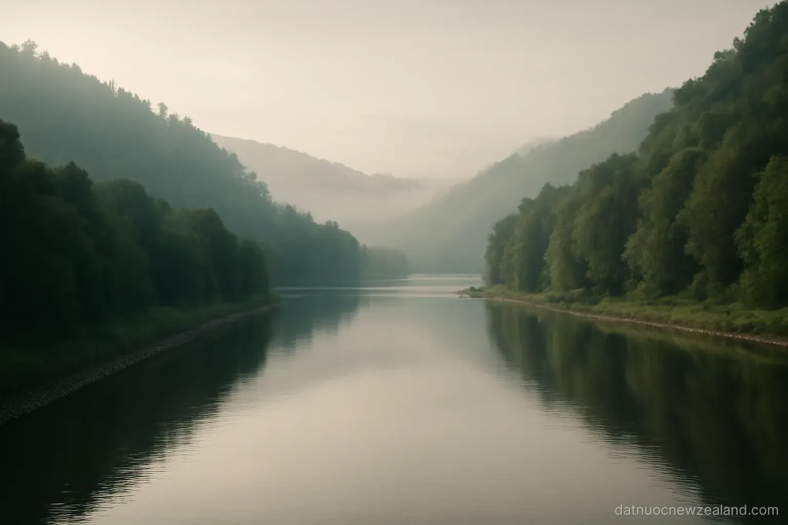 A wide calm river winding between forested hills in soft morning mist, no readable text