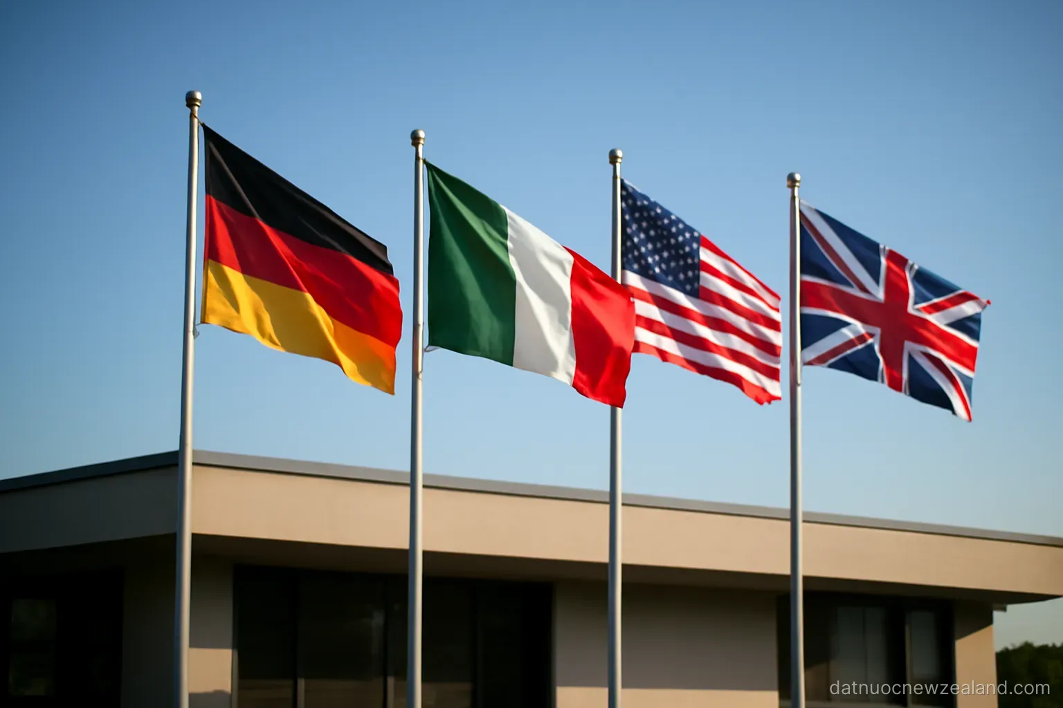 Flags of several nations on poles against a clear sky beside a low modern building, no readable text