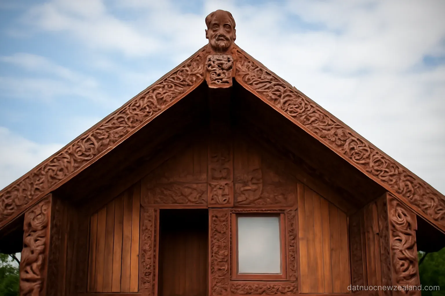 A carved wooden meeting house facade with intricate patterns under open sky, no readable text