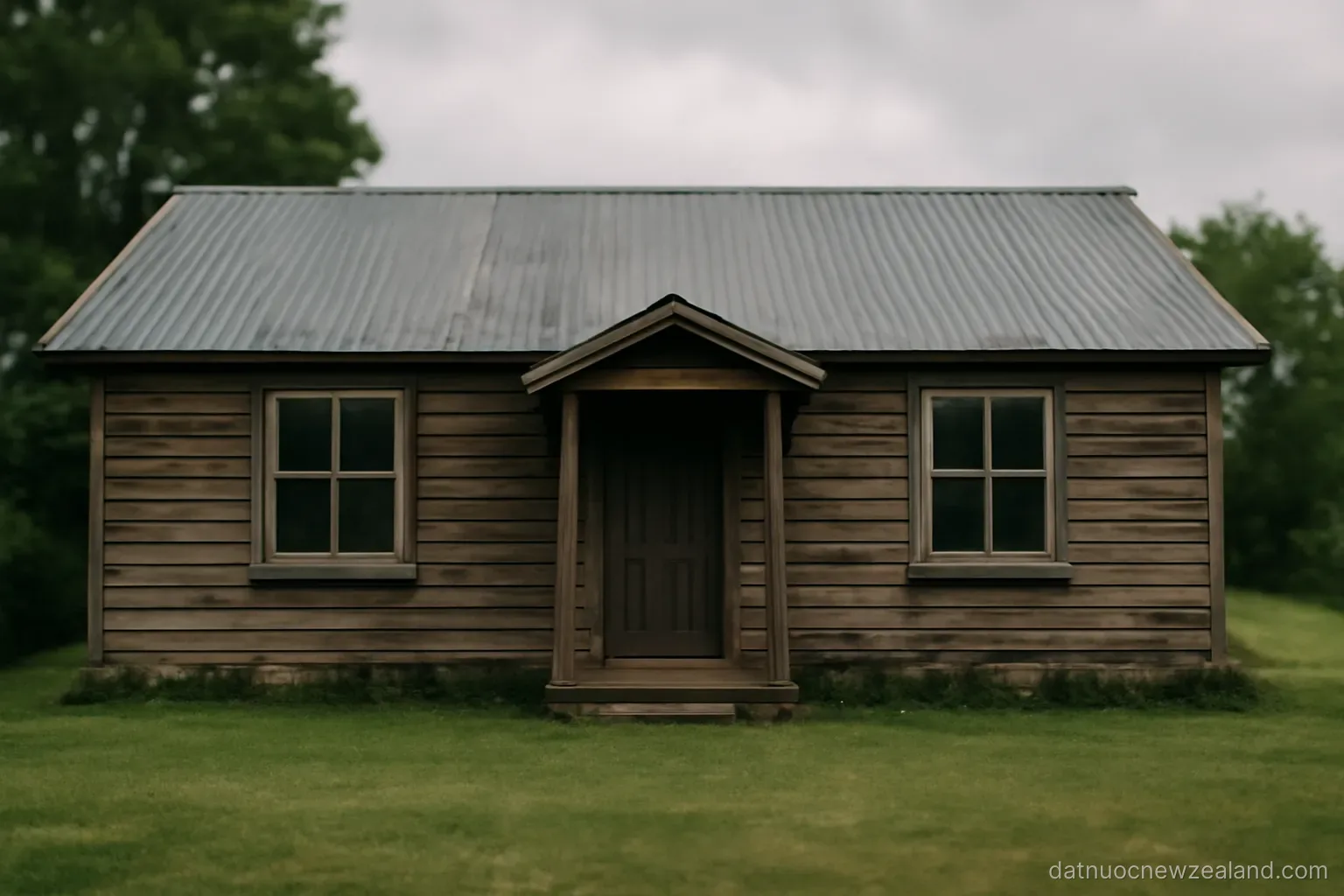 A single-storey wooden house with a corrugated metal roof and a lawn in front, overcast day, no readable text