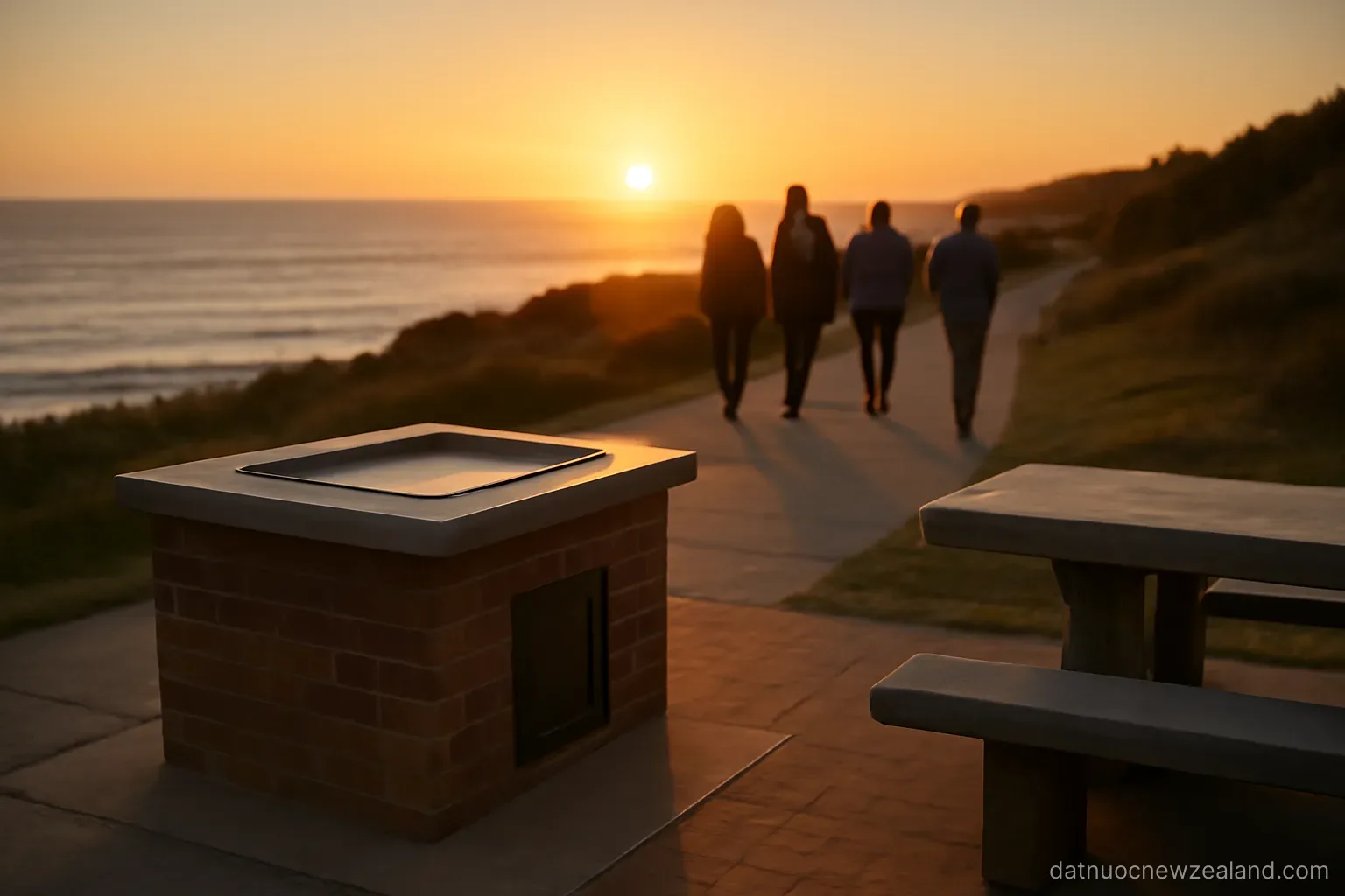 People walking a coastal path at sunset with a barbecue area in the foreground, no readable text