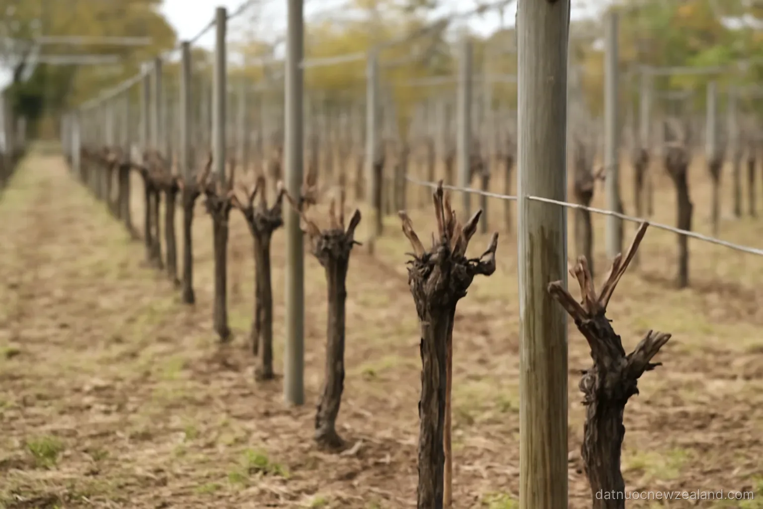 Rows of vine trellises in an orchard with some plants cut back to bare stumps, no readable text