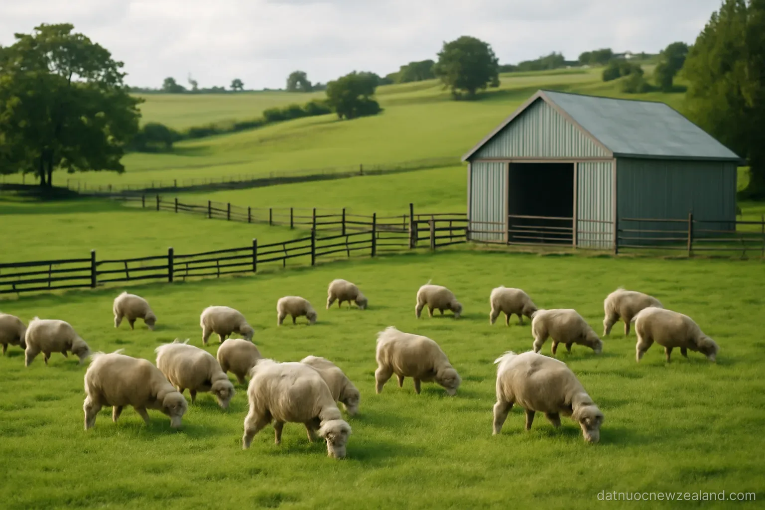 Rolling green paddocks divided by fences with a flock of sheep and a farm shed, no readable text