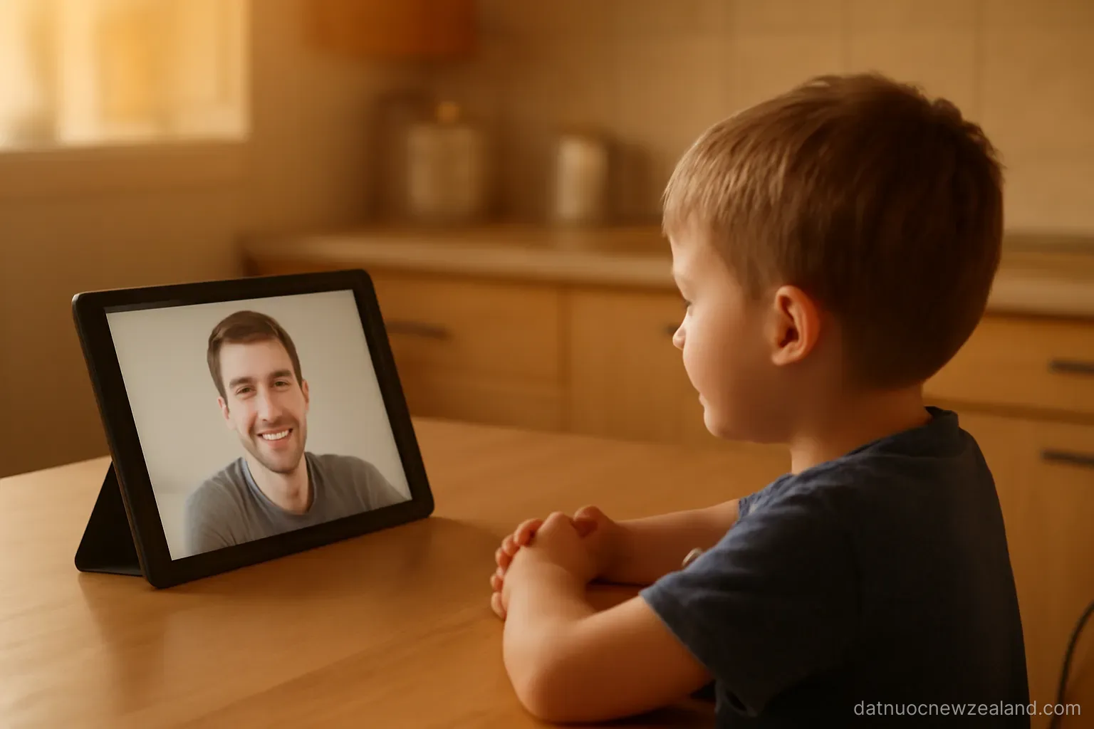 A child and an adult video-calling on a tablet propped on a kitchen table, warm evening light, no readable text
