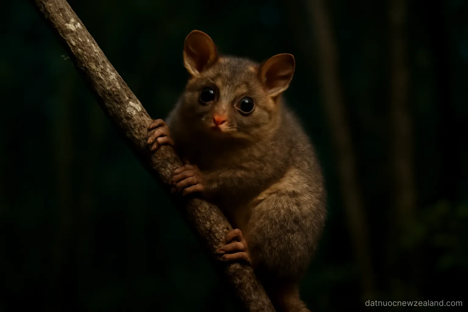 A nocturnal marsupial clinging to a tree branch caught in dim light, forest behind, no readable text