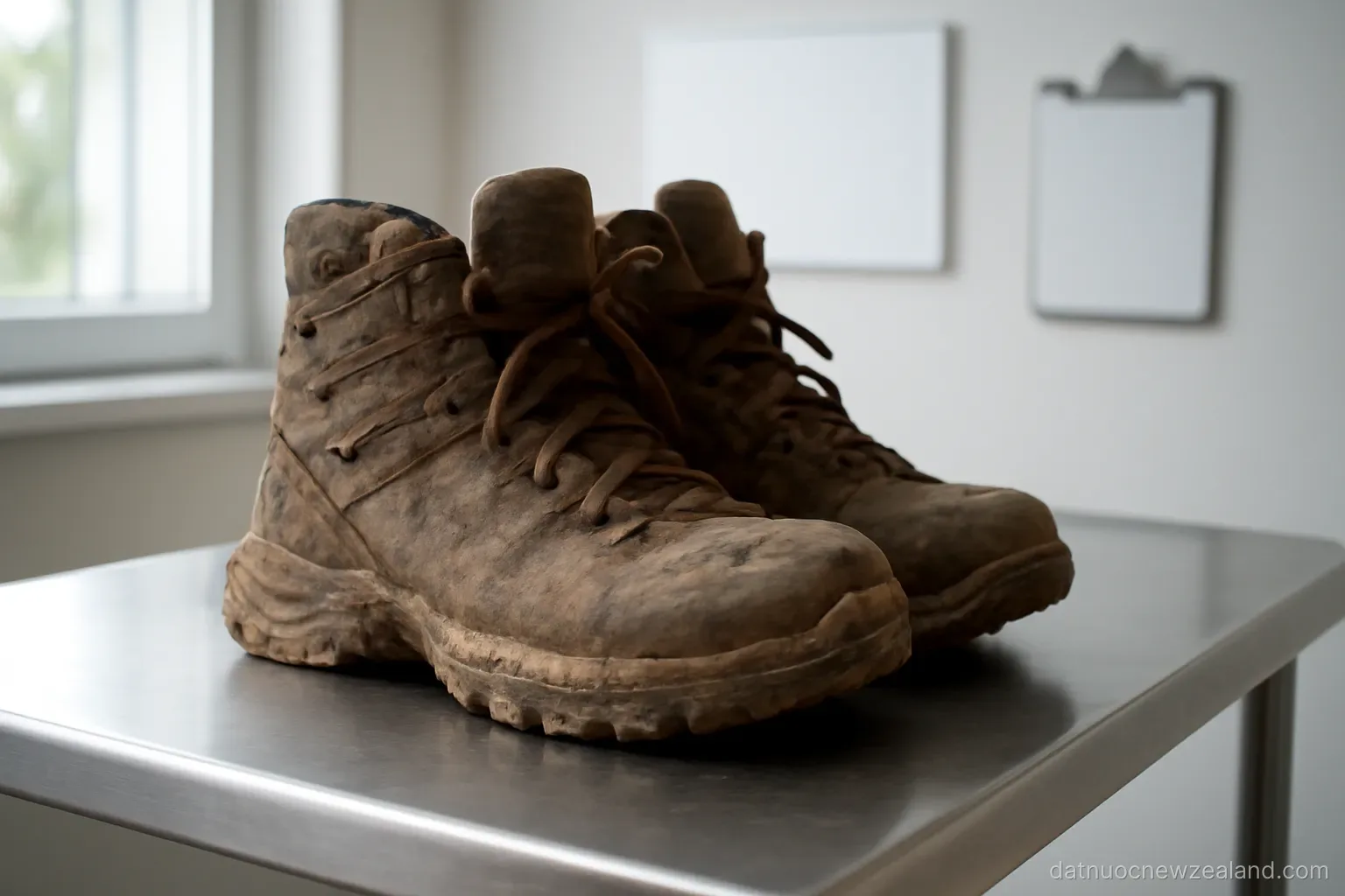 A pair of muddy hiking boots on a stainless steel inspection table, no readable text