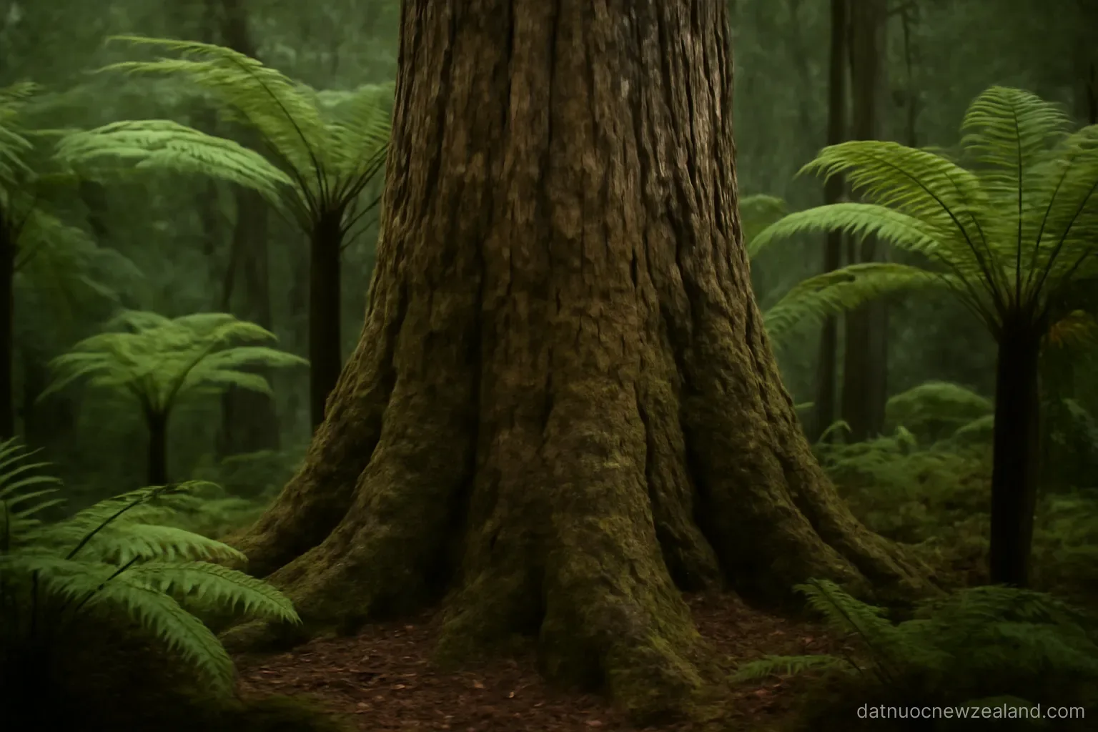 A massive ancient tree trunk rising among tree ferns in dim forest light, no readable text