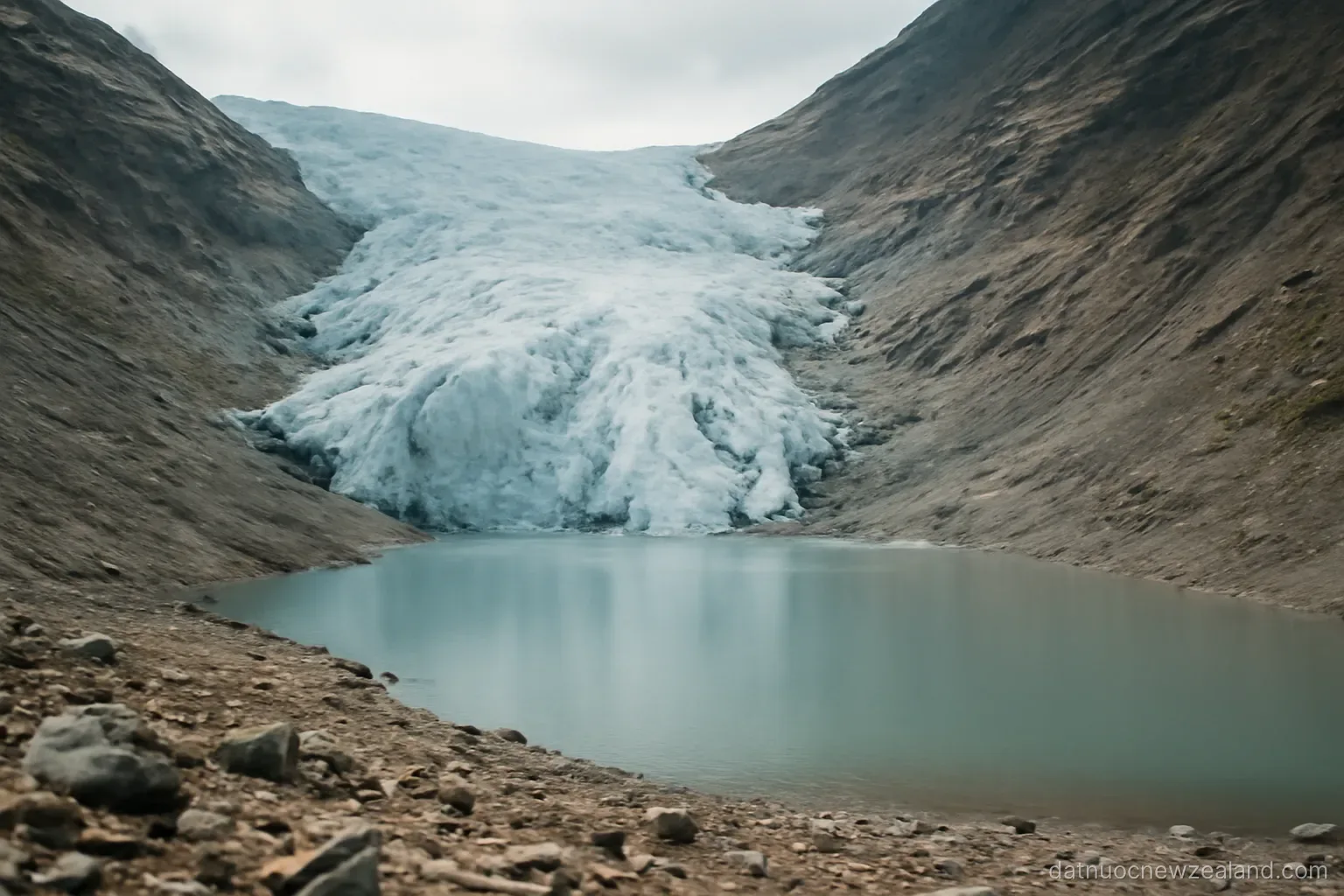 A glacier tongue ending in a grey rocky valley with a meltwater lake at its foot, no readable text