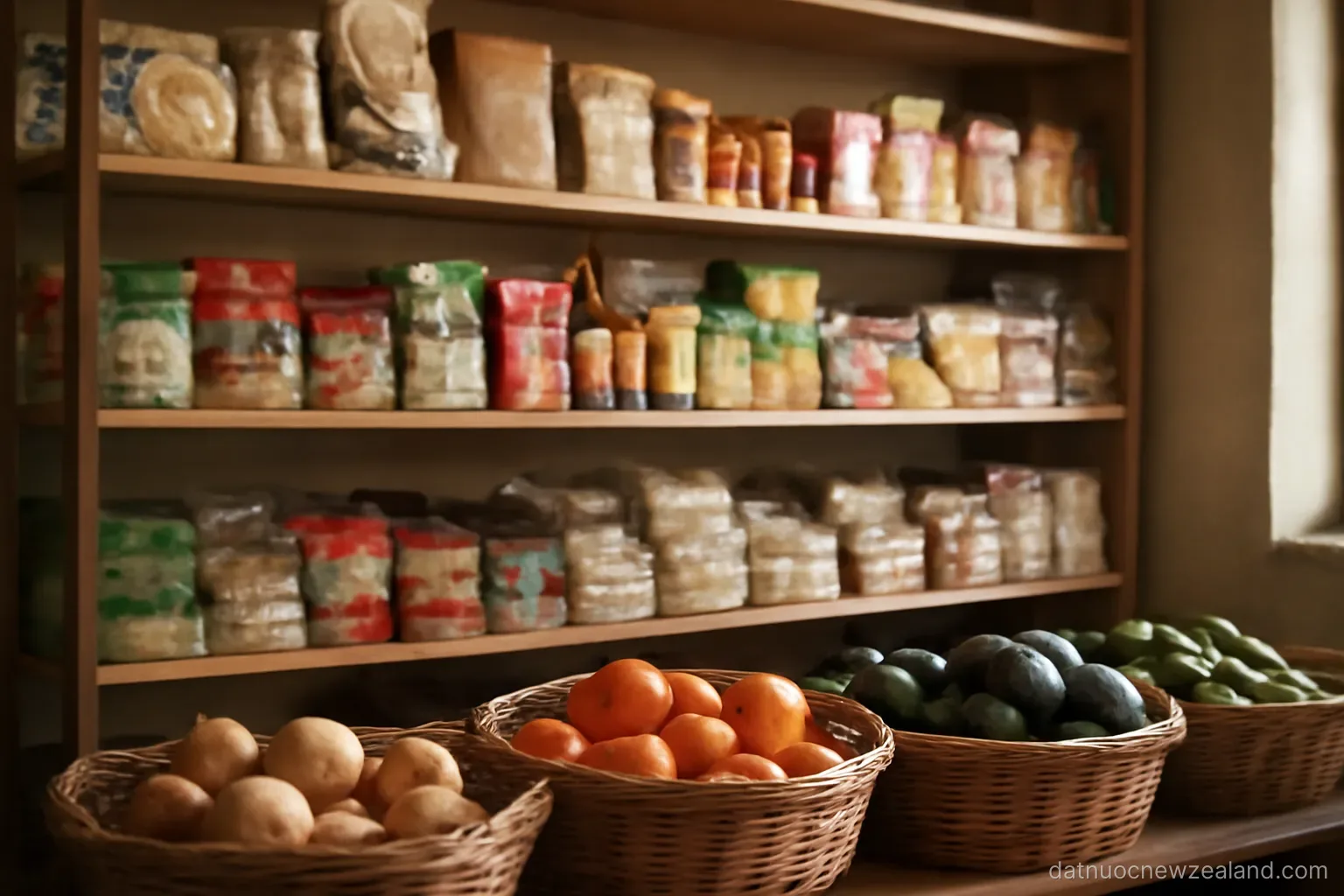 Shelves of packaged Asian groceries in a small shop with produce baskets in front, no readable text