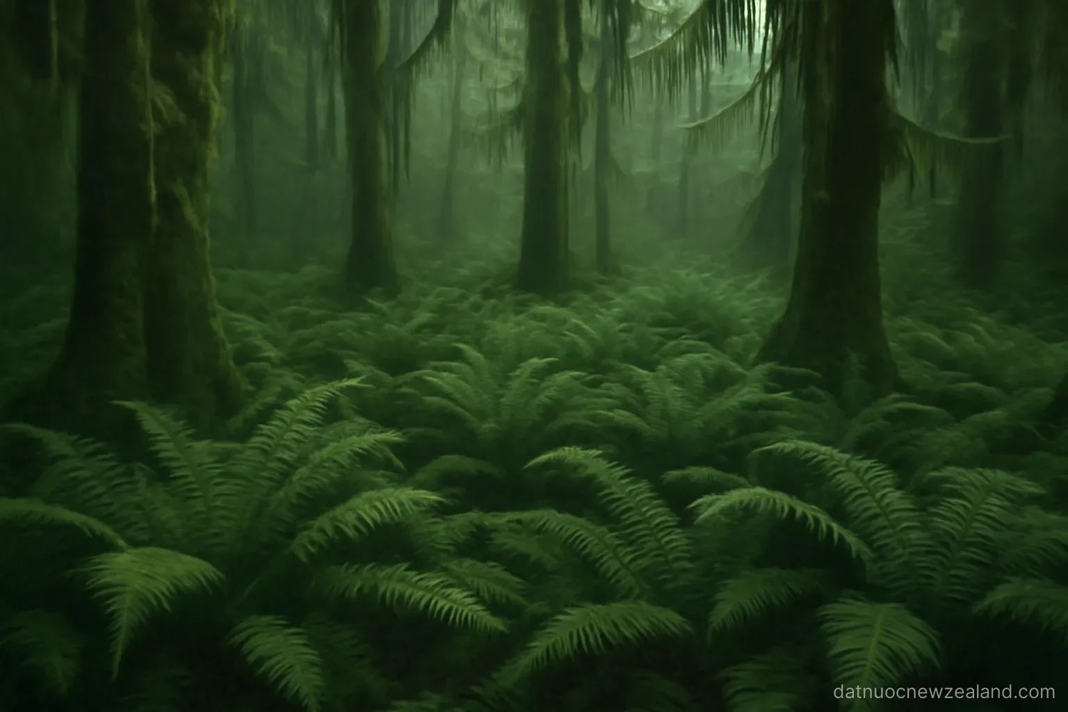 A dense fern forest floor with tree trunks and hanging moss in dim green light, no readable text