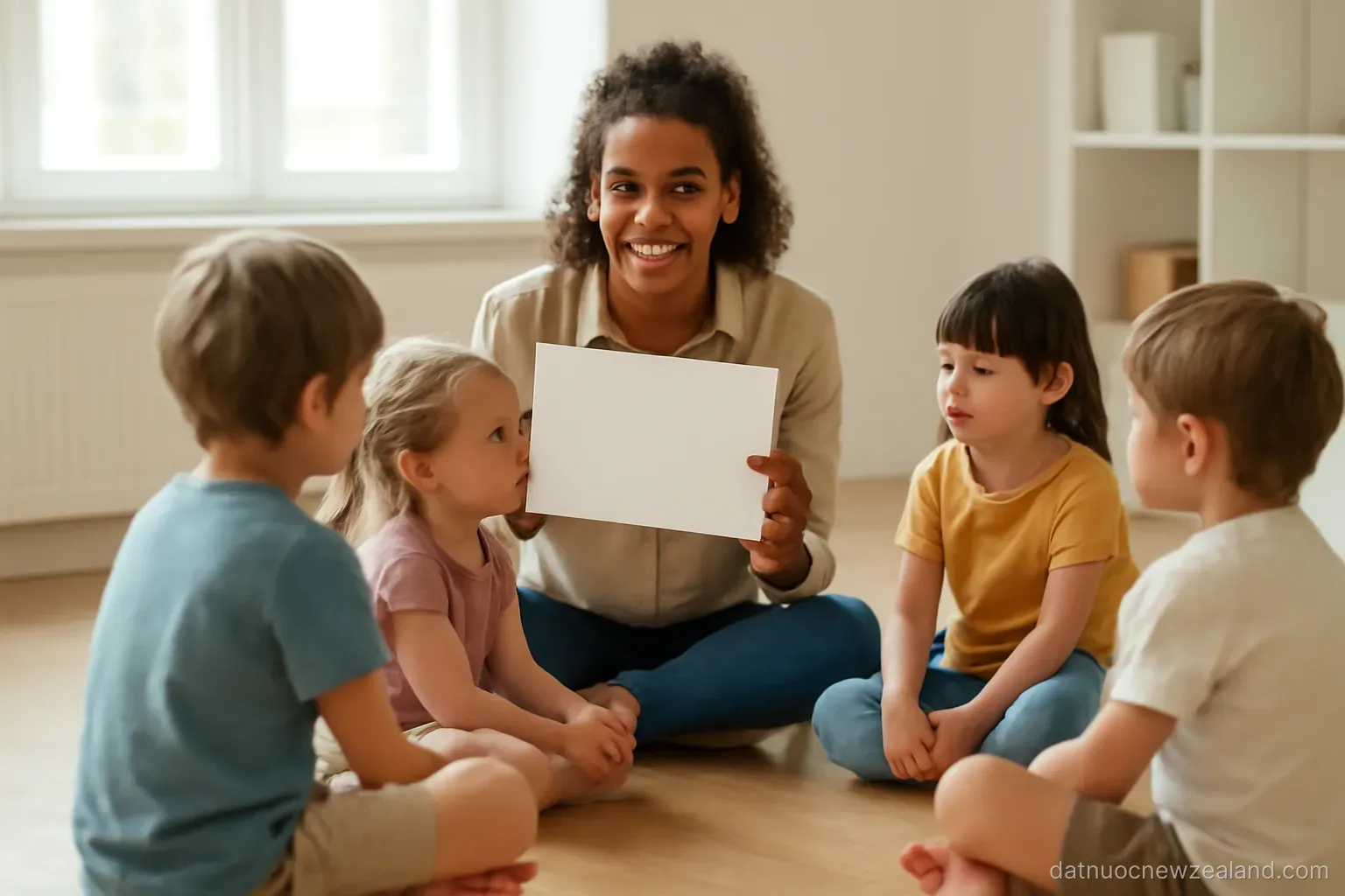 Young children sitting in a circle with an adult holding up a picture card, bright room, no readable text