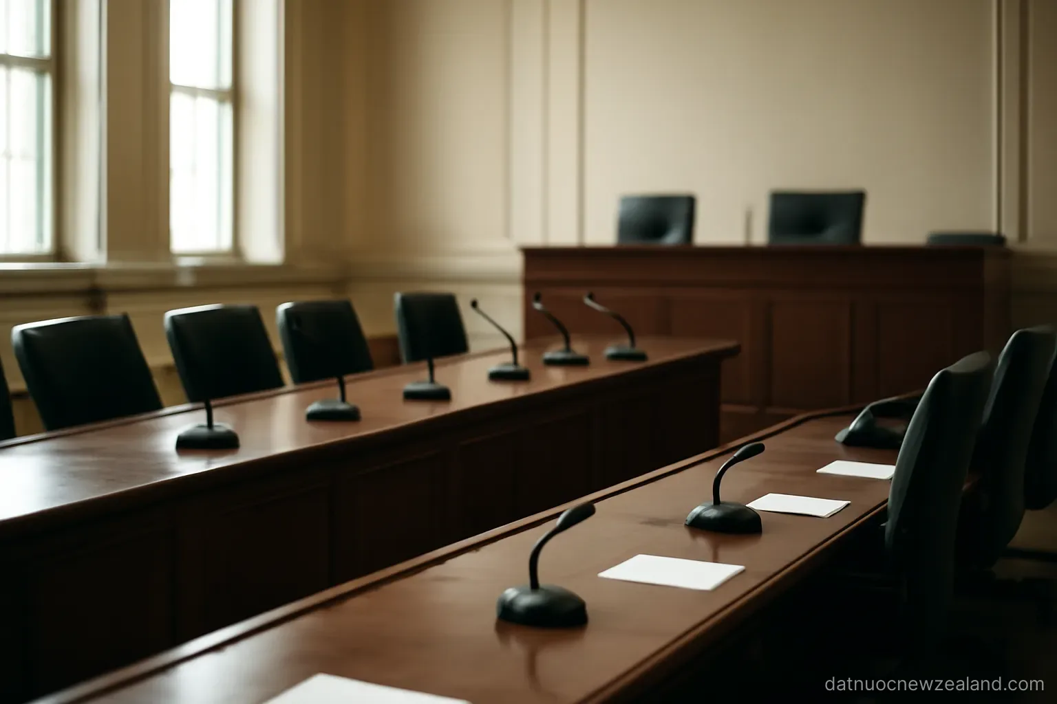 A formal hearing room with a long table and empty chairs, natural light from high windows, no readable text