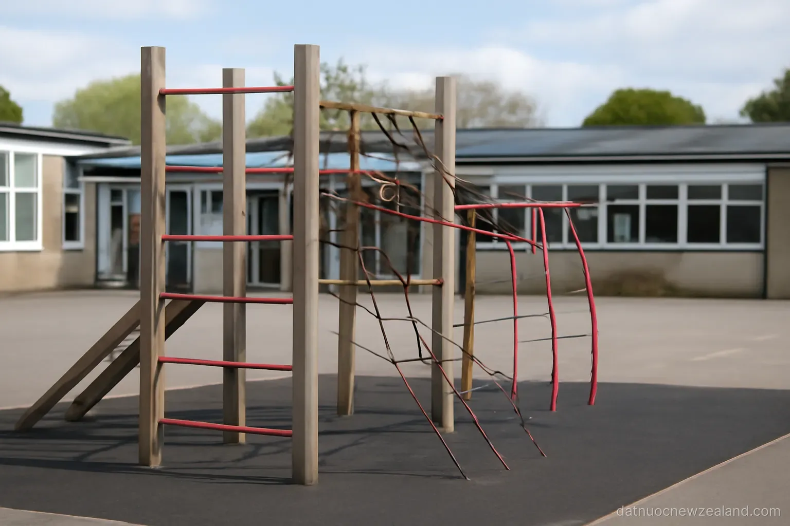 A primary school playground with climbing equipment and low buildings behind, no readable text