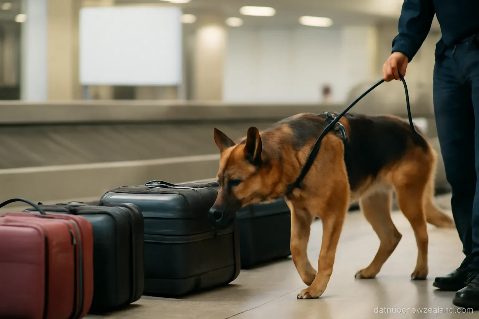 A detector dog working along a line of luggage in an arrivals hall, no readable text