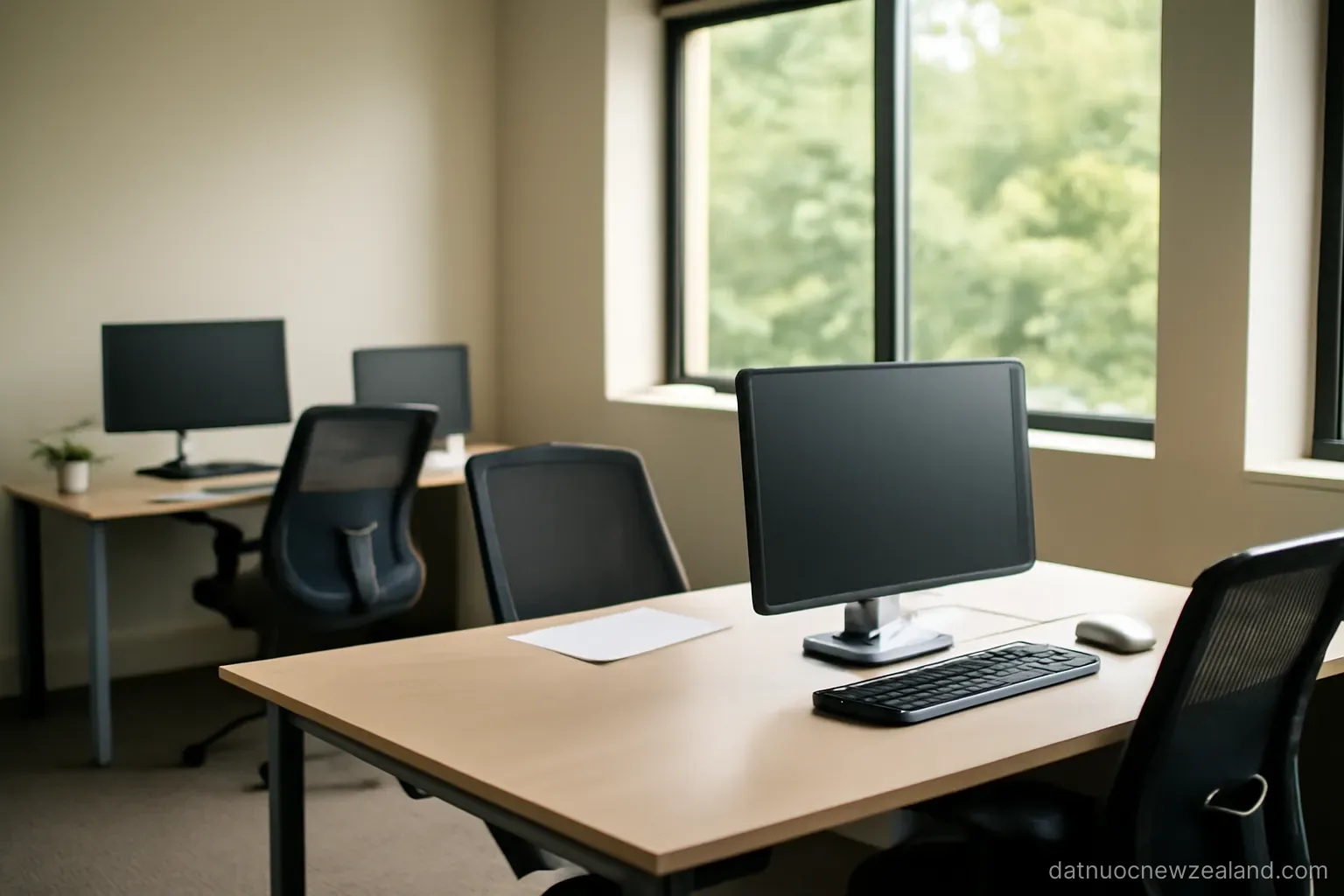 A small open-plan office with a few desks and a window looking onto trees, no readable text