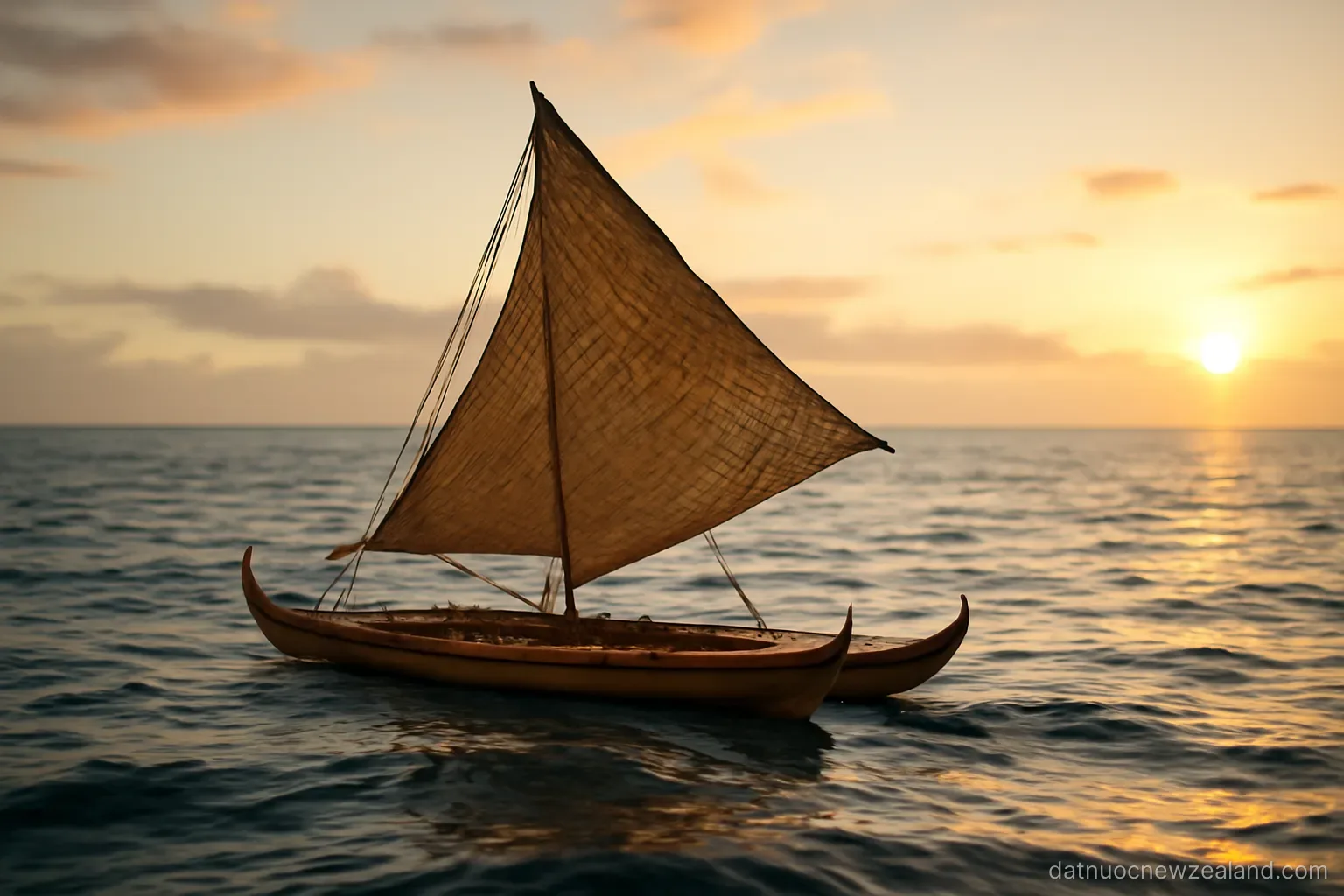A double-hulled sailing canoe on open ocean at dawn with a woven sail, no readable text