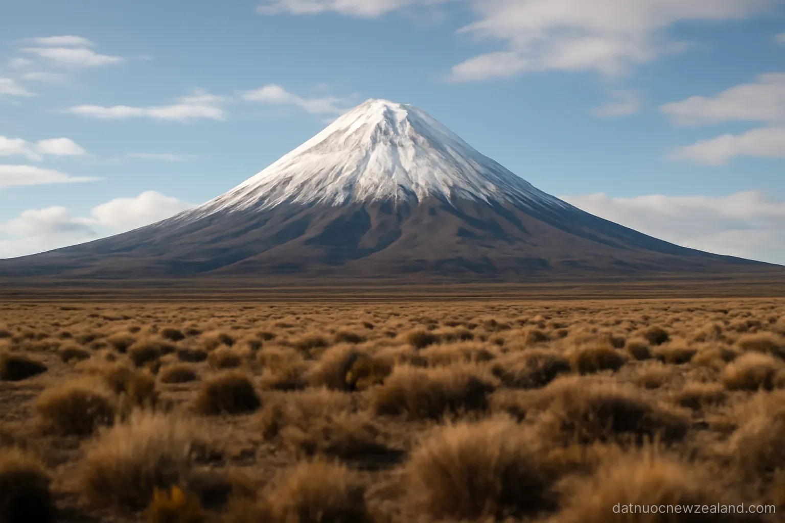 A snow-capped volcanic cone rising above a flat tussock plain under a wide sky, no readable text