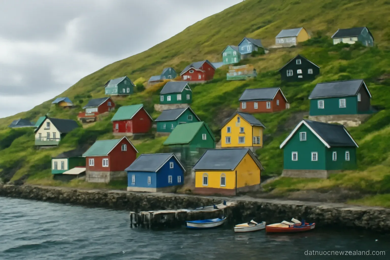 Colourful wooden houses climbing a steep green hillside above a harbour, windy day, no readable text