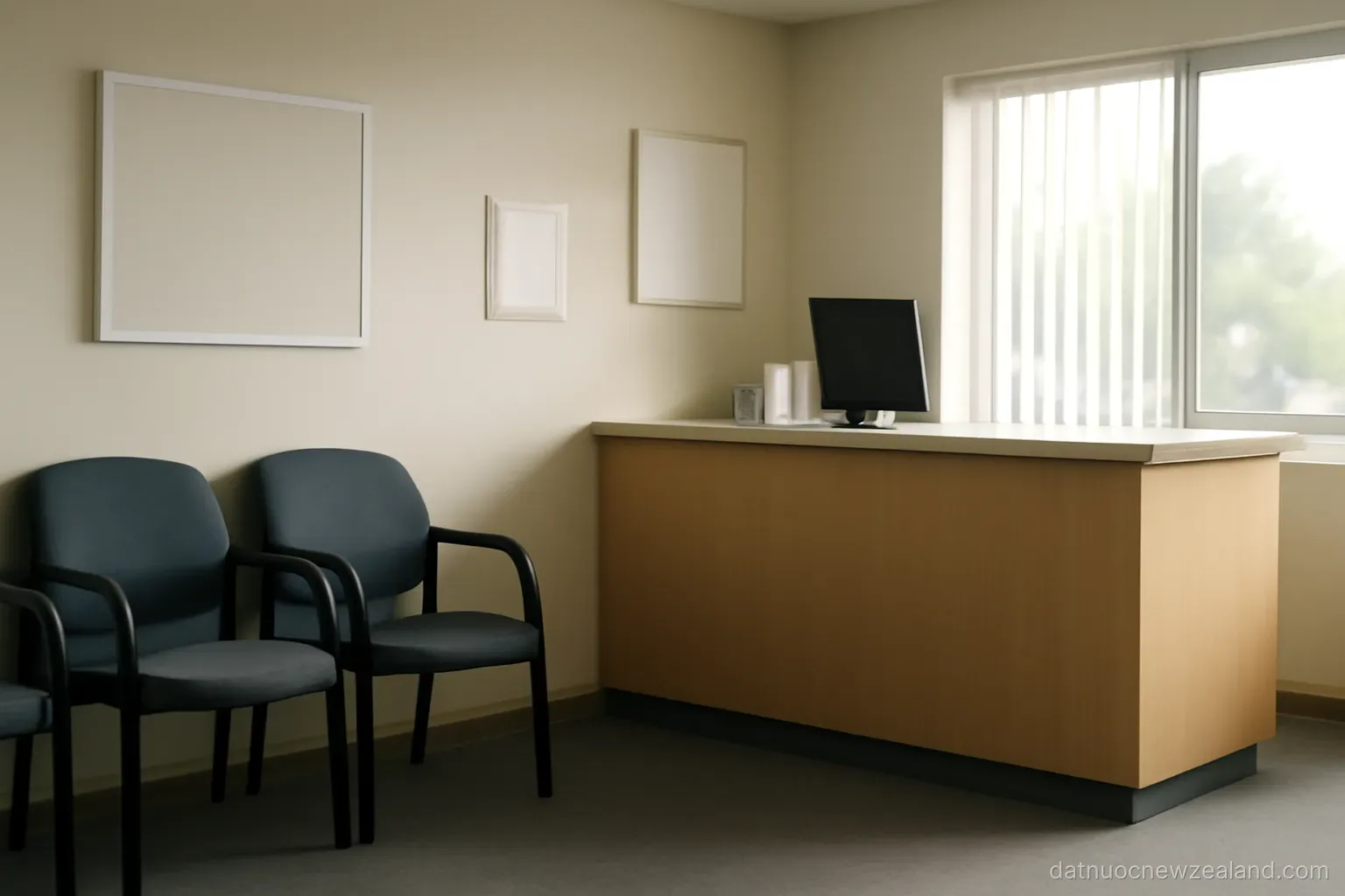 A small suburban medical clinic waiting room with chairs and a reception desk, no readable text