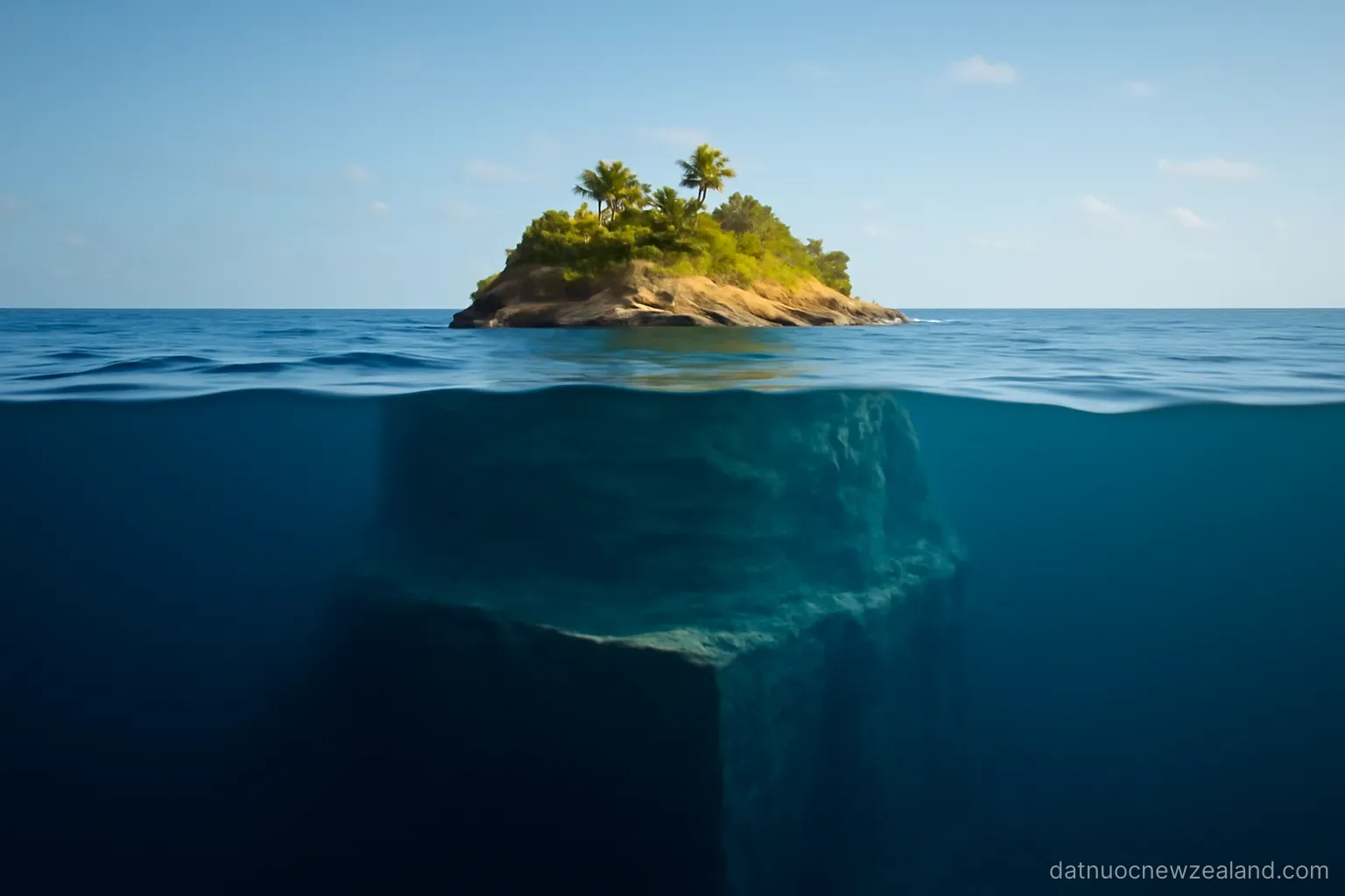 A cross-section style view of an undersea plateau rising to a small island, deep blue water, no readable text